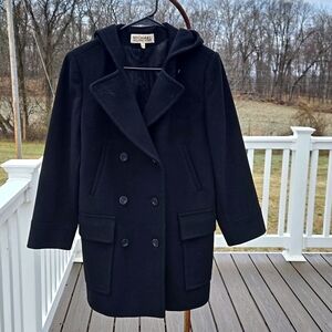 Michael Kors Black Wool Double-Breasted Hooded Coat Size 6